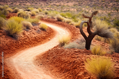 sinuous path of a parched riverbed, weaving its way amidst fiery red canyons and bursts of desert flora, encapsulates very soul of Arizona arid terrain  