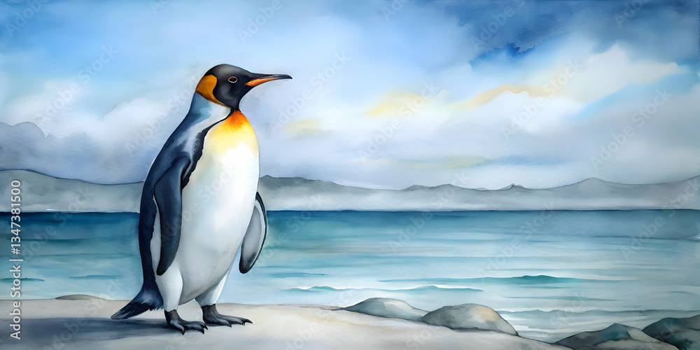 Fototapeta premium Majestic King Penguin by the Ocean. A Watercolor Painting