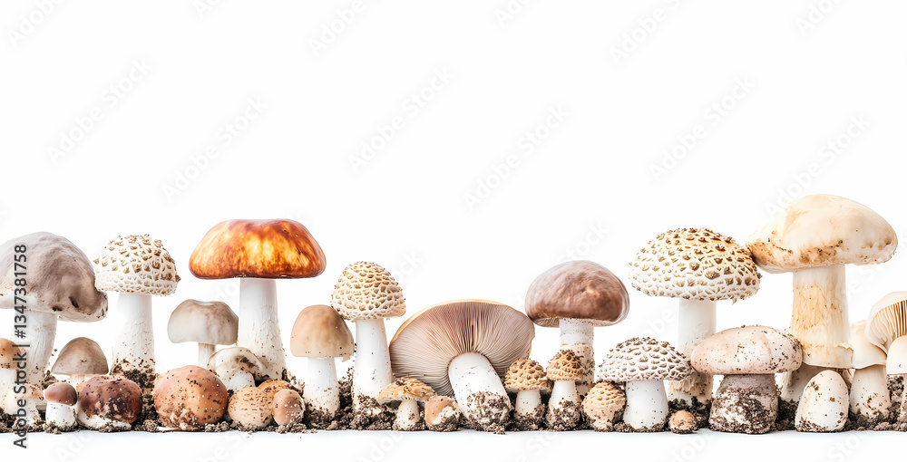Obraz premium Mycelial Marvels: A collection of diverse mushrooms showcases their unique forms and textures, arranged in a captivating line-up against a pure backdrop, celebrating the wonder of nature.