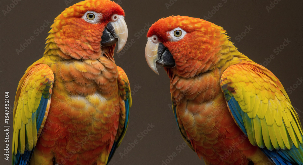 Fototapeta premium Two parrots sitting closely together.
