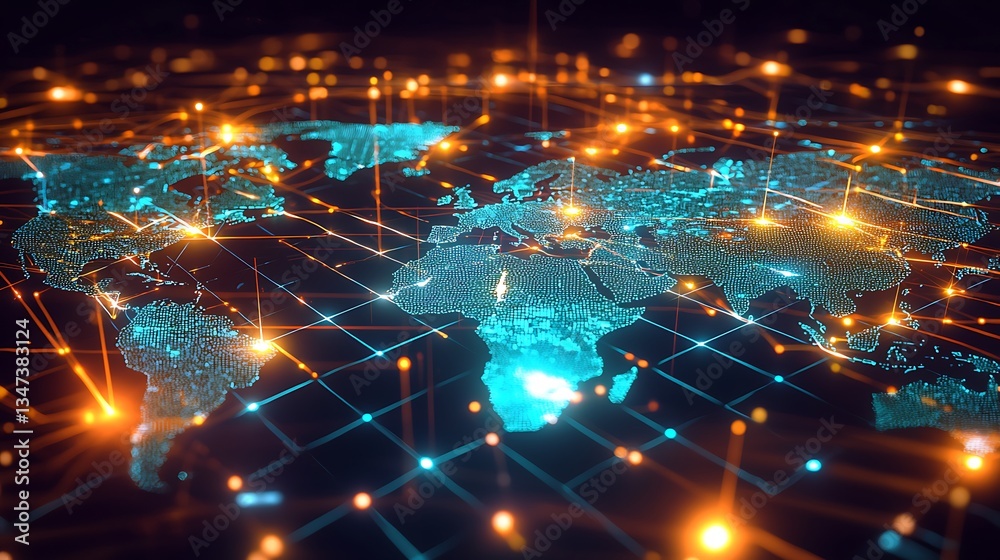 Fototapeta premium Global Network Connection. A digital representation of the world map, overlaid with glowing lines and points, signifying global interconnectedness and data flow. 
