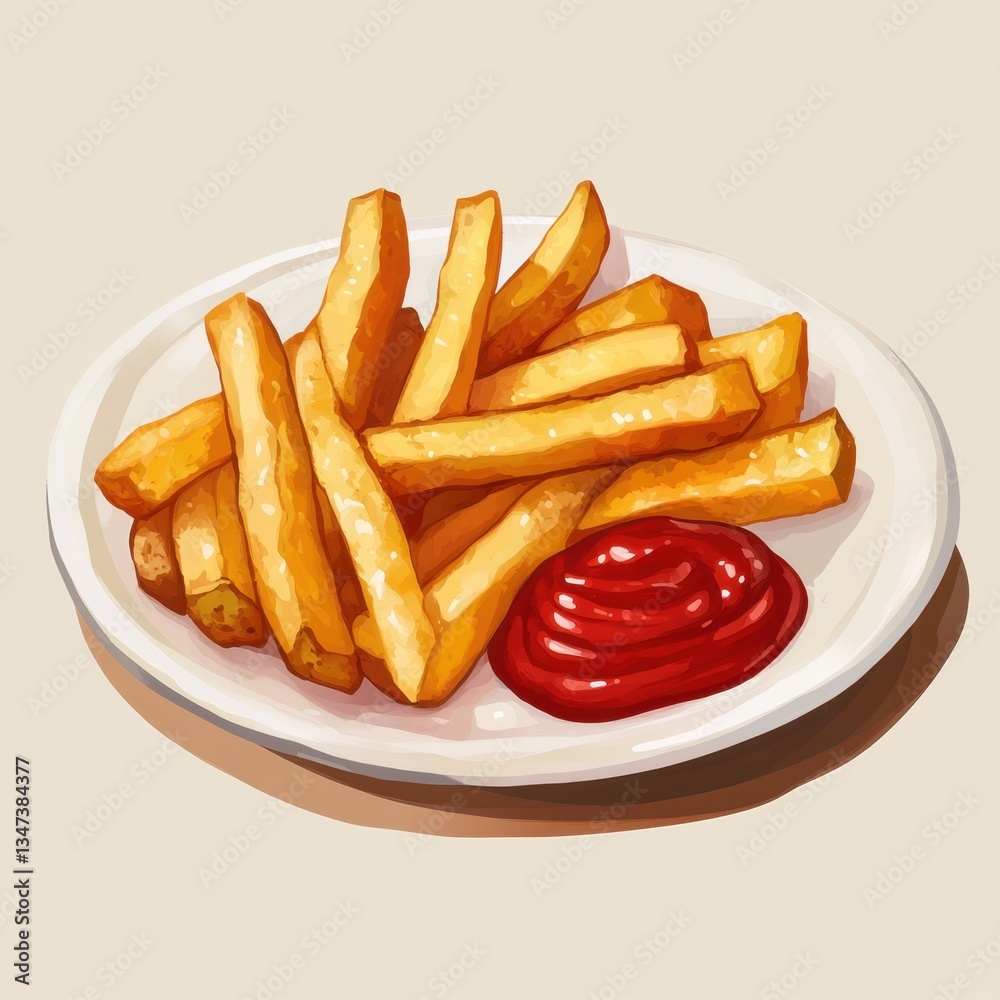 Crispy golden french fries with ketchup on a white plate. Crispy golden french fries with ketchup on a white plate.