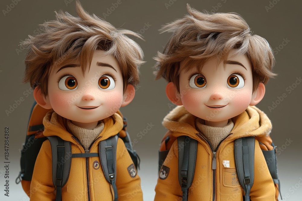 Two animated boys in yellow jackets ready for adventure in a playful and cheerful setting Two animated boys in yellow jackets ready for adventure in a playful and cheerful setting