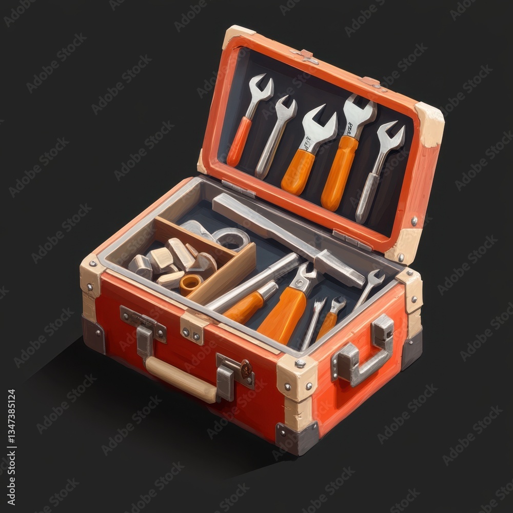 Open red tool box filled with various tools. Open red tool box filled with various tools.
