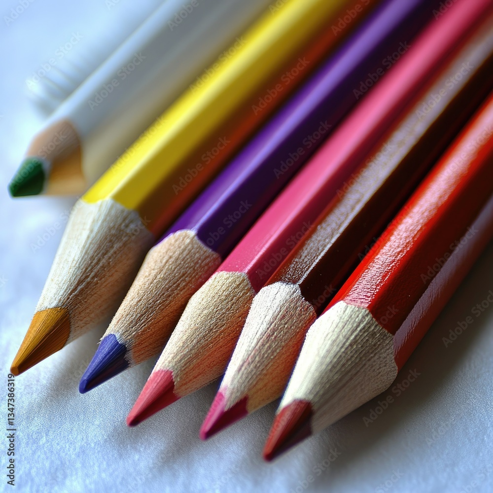 Obraz premium Colored pencils arranged in a row on white surface, macro shot, bright, simple background