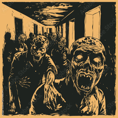 Dramatic vector illustration showing zombies walking through a dark corridor. Gritty, vintage-style artwork with high contrast yellow and black colors 