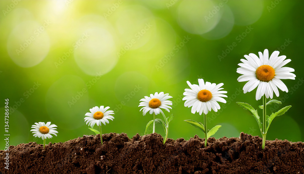 Fototapeta premium Daisies on green nature wallpaper, stages of growth