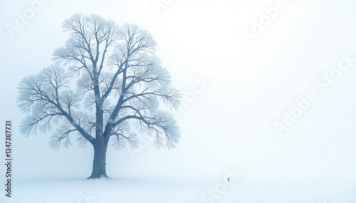 Frozen tree branches against a pure white backdrop with some fog, winter, isolated