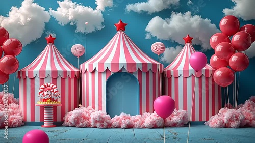 A whimsical cartoon illustration of a candy-themed circus with tents, balloons, and clouds.
