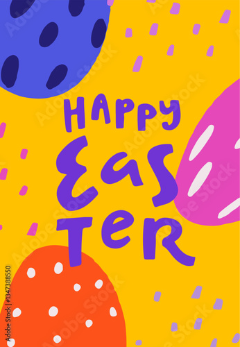 Brightly colored eggs in purple, pink, and orange with playful patterns decorate a vibrant yellow background, wishing everyone a joyous Easter celebration.