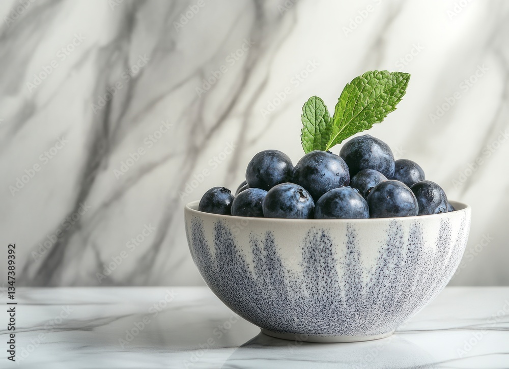 Fresh Blueberries in Bowl with Mint on Marble Table Surface Fresh Blueberries in Bowl with Mint on Marble Table Surface