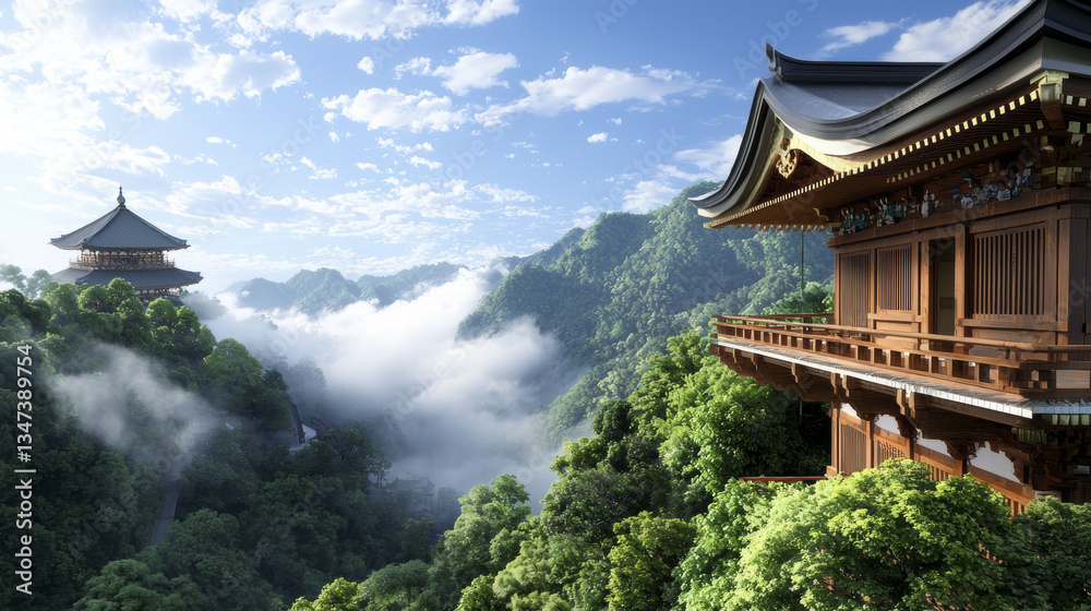 serene landscape featuring traditional architecture amidst lush green mountains and misty valleys, evoking sense of tranquility and harmony serene landscape featuring traditional architecture amidst lush green mountains and misty valleys, evoking sense of tranquility and harmony