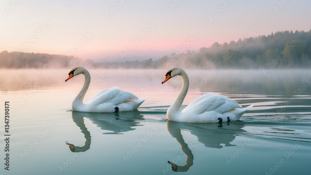 Fototapeta premium Two graceful swans gliding serenely across a misty lake at dawn, reflecting the tranquil beauty of nature in soft pastel hues.