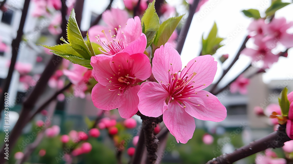 Obraz premium Close Up View Of Pink Cherry Blossoms Blooming On Tree Branches In Daylight