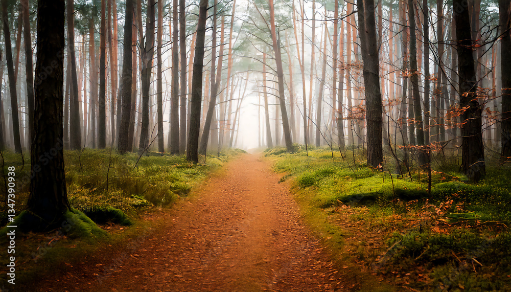 Obraz premium Path trough a strange forest with fog in autumn wallpaper