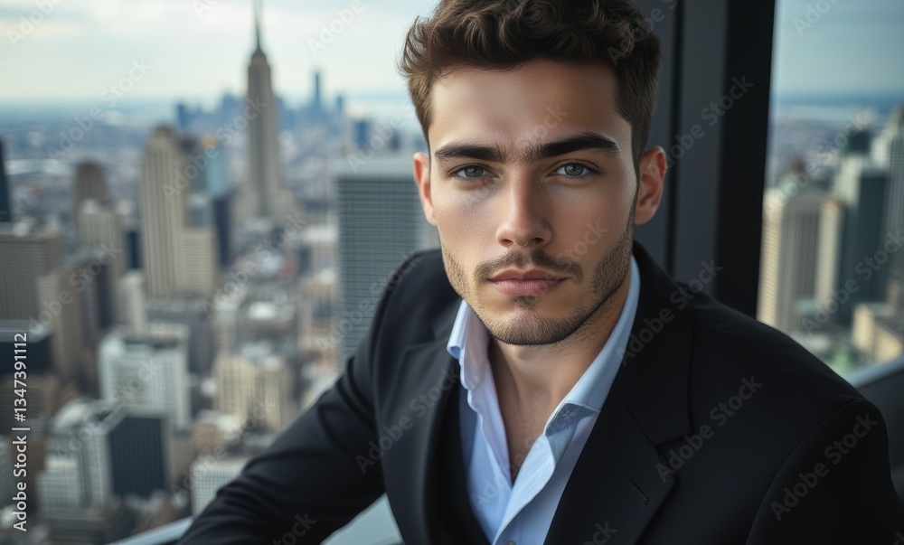 Confident man with city skyline backdrop Confident man with city skyline backdrop