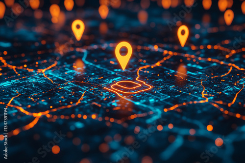 Digital map with location pins showcasing urban area