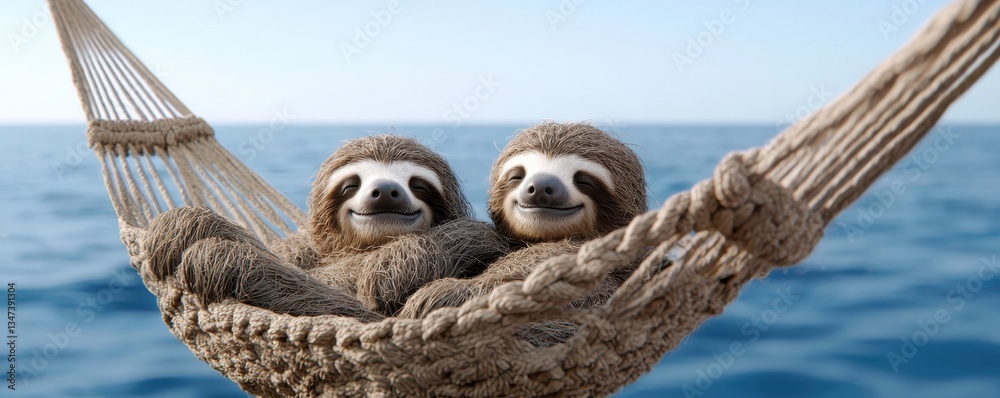 Obraz premium Two sloths relax in a hammock over calm blue waters, exuding a sense of peace and tranquility in a playful, whimsical scene.