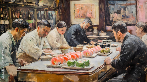 Sushi Feast: A diverse group gathers around a table laden with colorful sushi, embodying the communal experience of sharing a meal, set in an intimate, warm, and artistic atmosphere.