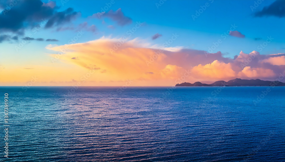 Fototapeta premium Relaxing and calm sea view wallpaper. Open ocean water and sunset sky. 