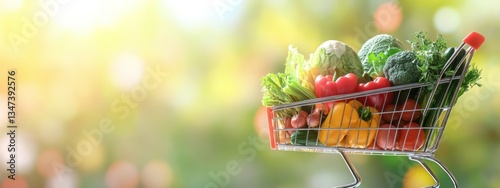A shopping cart filled with fresh vegetables and fruits, set against a soft, blurred background.