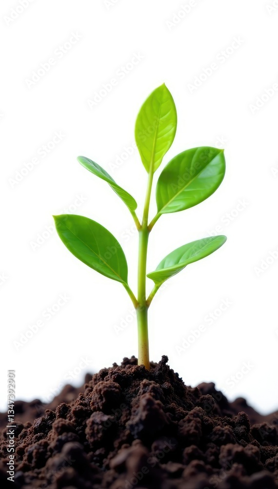 Small plant growing out of soil isolated on white background, isolation, specimen, leaf Small plant growing out of soil isolated on white background, isolation, specimen, leaf