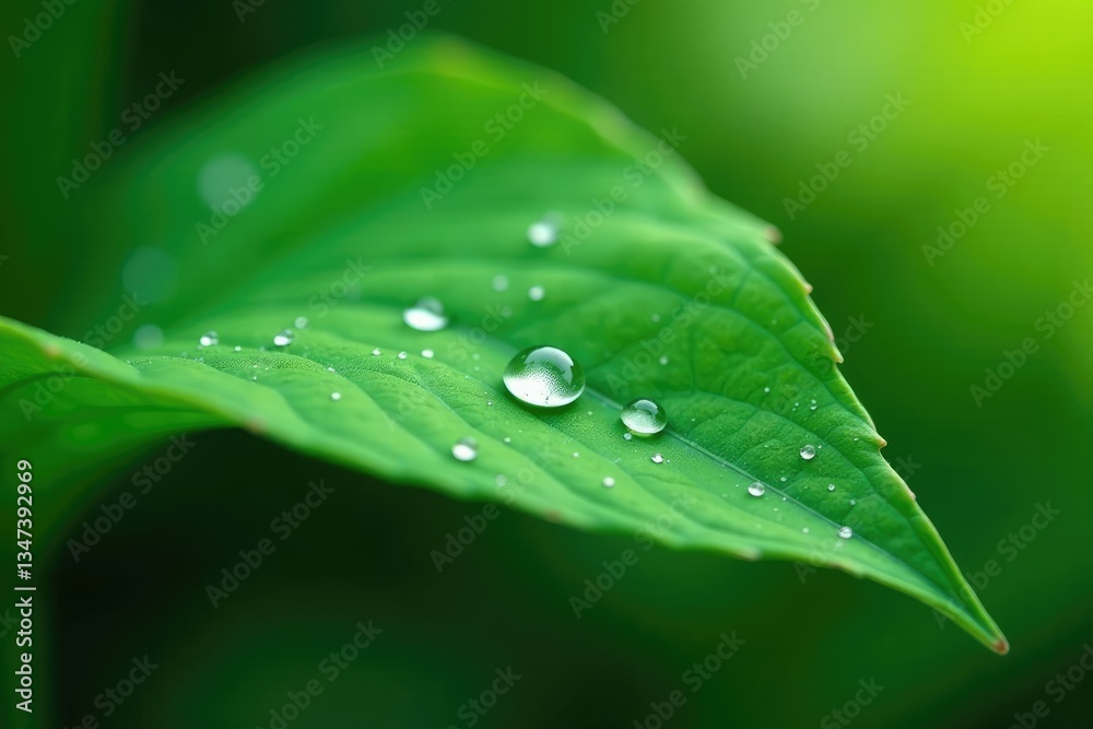 Small raindrops cling to the underside of a green leaf, ripple, shiny Small raindrops cling to the underside of a green leaf, ripple, shiny