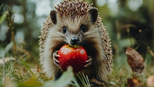 Hedgehog Eating Apple in Forest photo