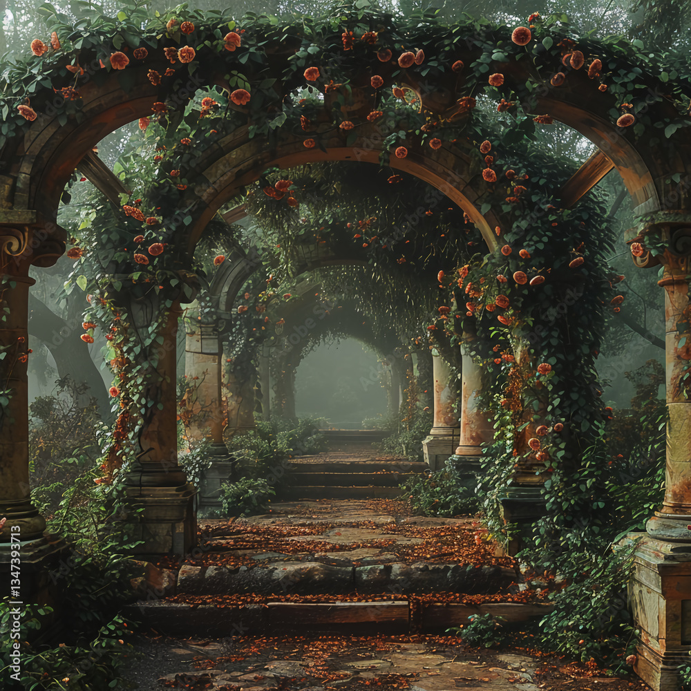 Obraz premium Walking Through Rose Covered Stone Arches in a Misty Garden Path
