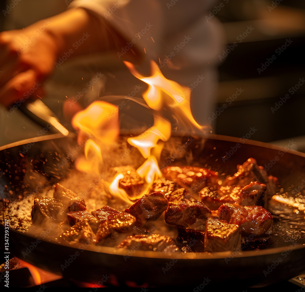 Searing Meat Over Open Flames in a Hot Pan Searing Meat Over Open Flames in a Hot Pan