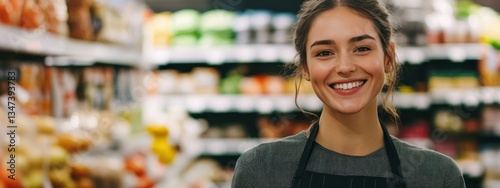 A smiling woman in an apron stands in a grocery store aisle filled with fresh produce.