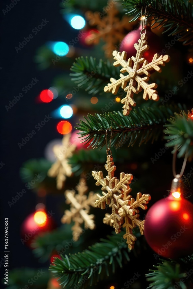 Fototapeta premium Glittering gold snowflakes and colorful lights create a festive arrangement on the Christmas tree, sparkling decoration, holiday decor