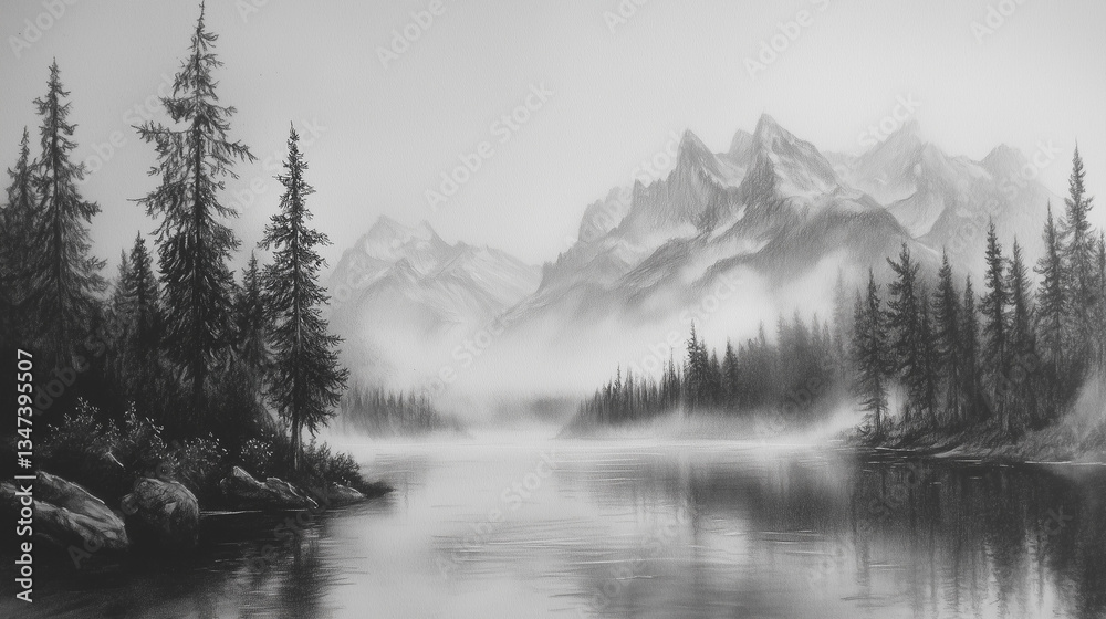 Fototapeta premium A charcoal sketch of a secluded mountain lake, mist rising from the surface, surrounded by towering pine trees.
