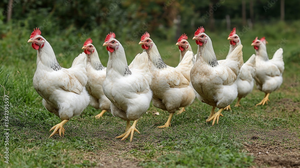 Fototapeta premium White chickens walking on grass, rural background, farm scene, stock photo
