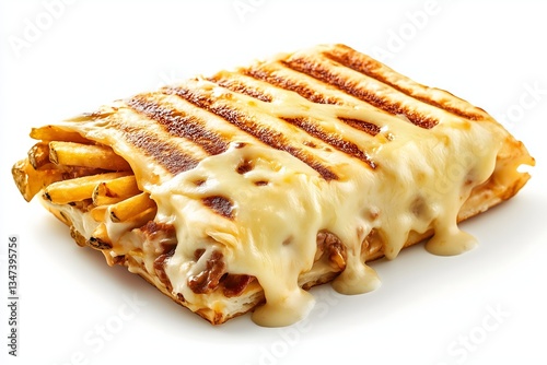 A crispy french taco with beef, melted cheese and french fries isolated on a white background