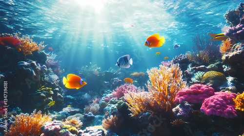 Wallpaper Mural Underwater Wonderland: A vibrant underwater world teeming with life, featuring a colorful coral reef and diverse marine fish, illuminated by sunbeams filtering through the ocean. Torontodigital.ca
