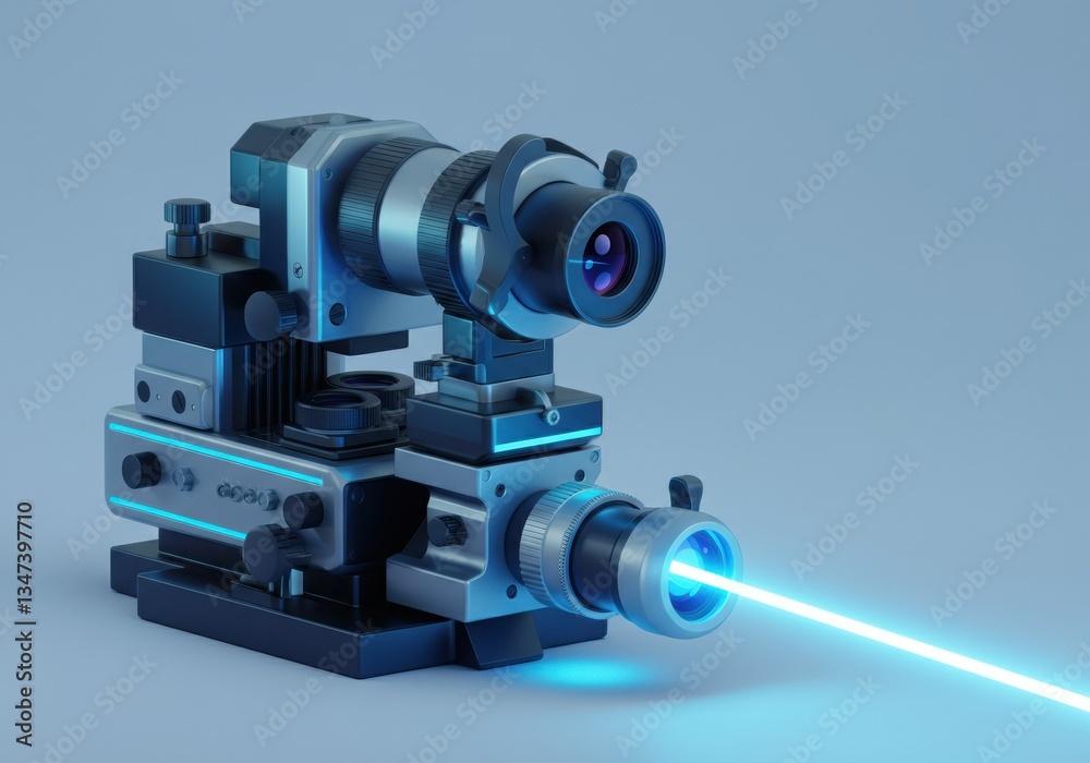 Fototapeta premium High-tech microscope emitting a blue laser beam in a laboratory setting