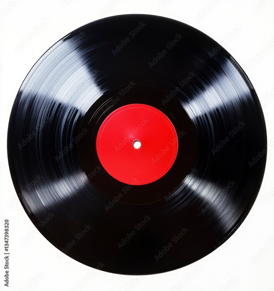 Obraz premium Vinyl Record with Red Label Black Music Disc on White Background