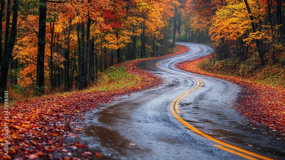 Obraz premium Winding road through autumn forest, rainy day. Travel postcard