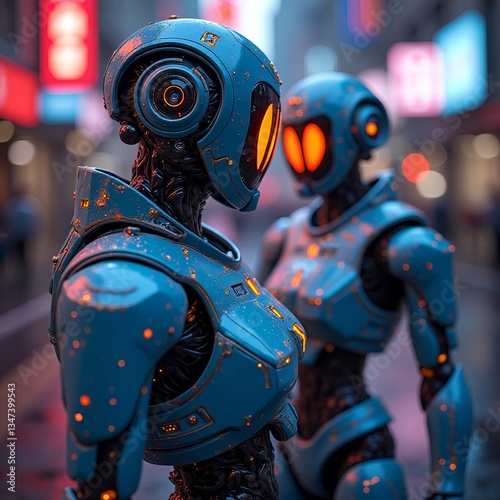 Weathered Female Robots with Teal and Orange Illumination in Urban Night Setting Creating Cyberpunk Atmospheric Effect