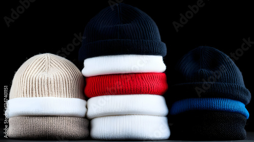Stacked Knitted Beanies In Various Colors On Black Background