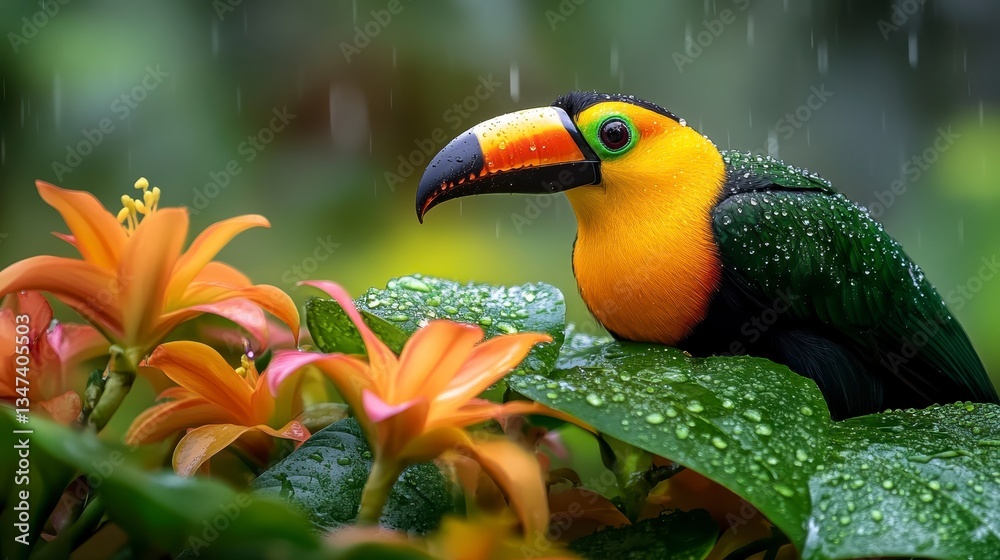 Fototapeta premium A vibrant toucan perched among lush foliage and colorful flowers, adorned with raindrops, showcasing a rich tropical environment.