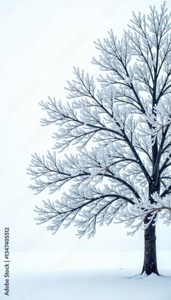 Fototapeta premium Isolated tree branches on a snowy white background, frost, snowflake, peaceful