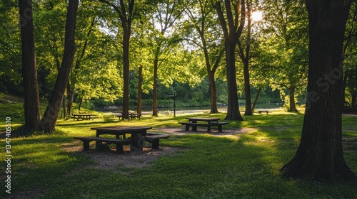 Tranquil Picnic Area: Sunlit Forest Tables