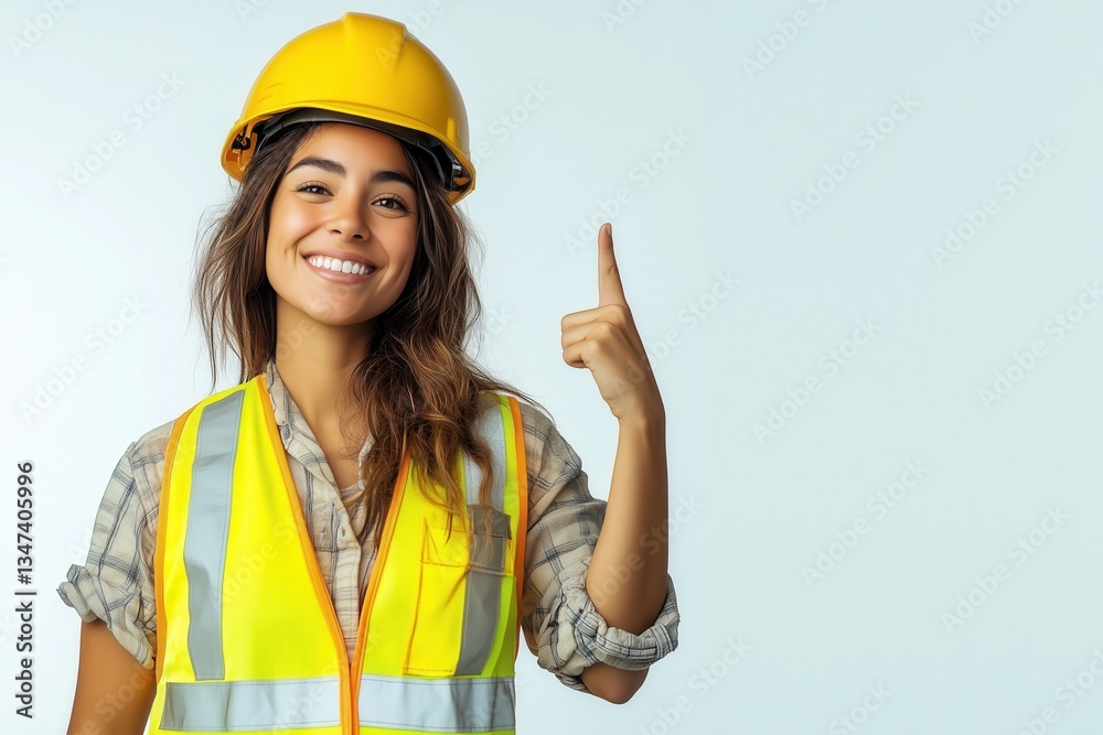 Smiling female construction worker in safety vest and hard hat pointing upward on white background with copy space. Smiling female construction worker in safety vest and hard hat pointing upward on white background with copy space.