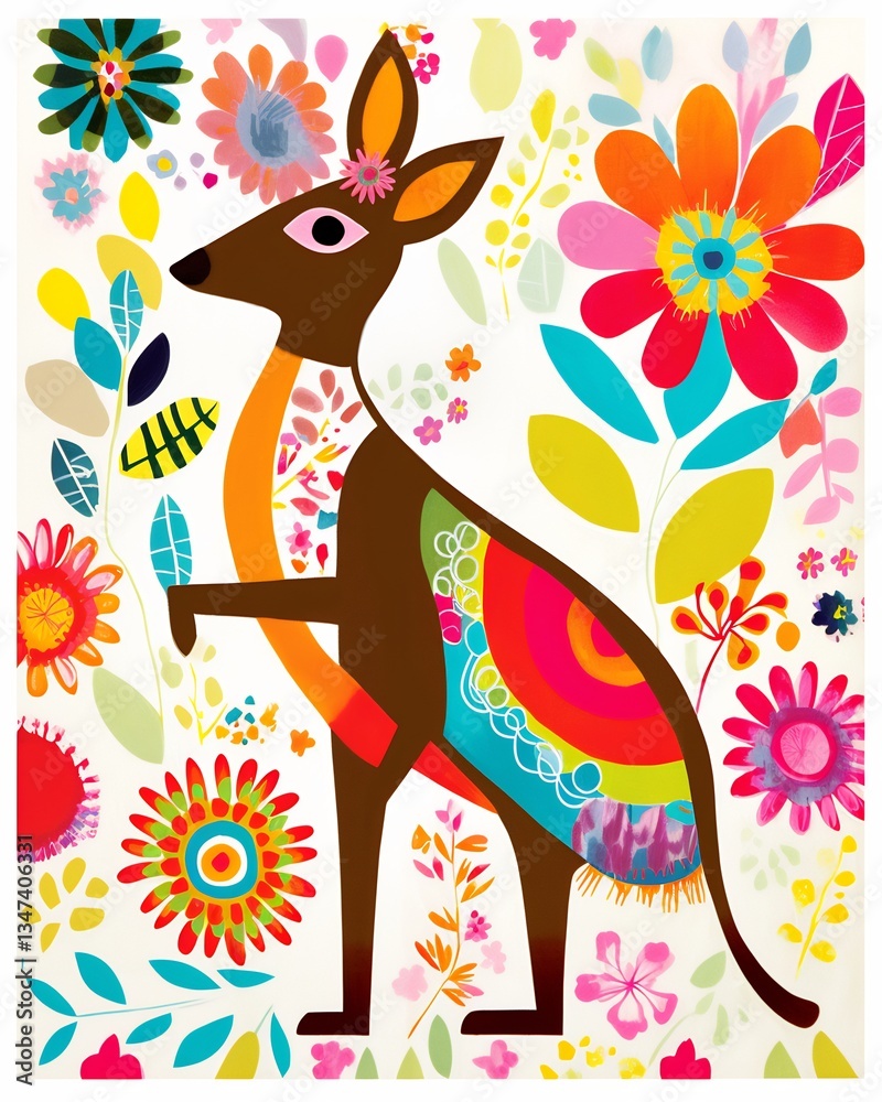 Fototapeta premium Agile Wallaby surrounded vibrant wildflower sunlit clearing explosion of color providing striking contrast earthy fur tone creating bright lively composition composition capture playful peaceful