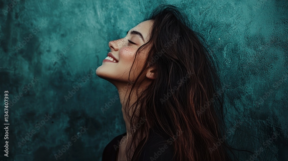 Serene woman with freckles against a textured blue backdrop Serene woman with freckles against a textured blue backdrop