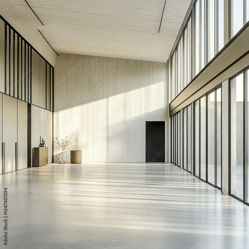 Obraz premium Spacious concrete floor inside a modern industrial building, ideal for a large factory, warehouse, storehouse, hangar, or manufacturing plant. Featuring a sleek interior with metal walls
