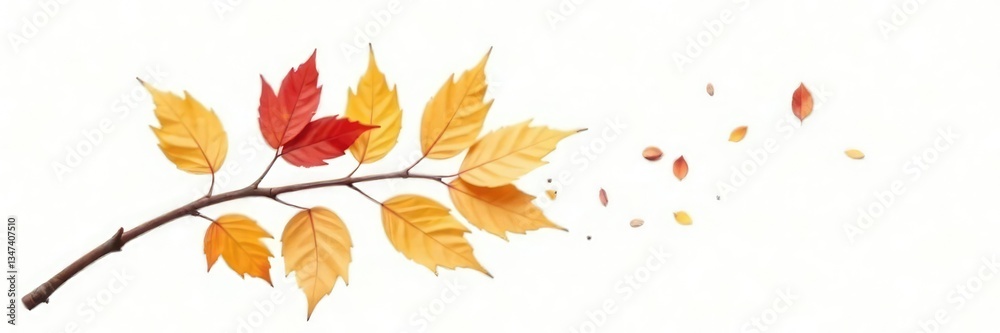 Single branch with fallen leaves on white background, seasonal change, branch details Single branch with fallen leaves on white background, seasonal change, branch details