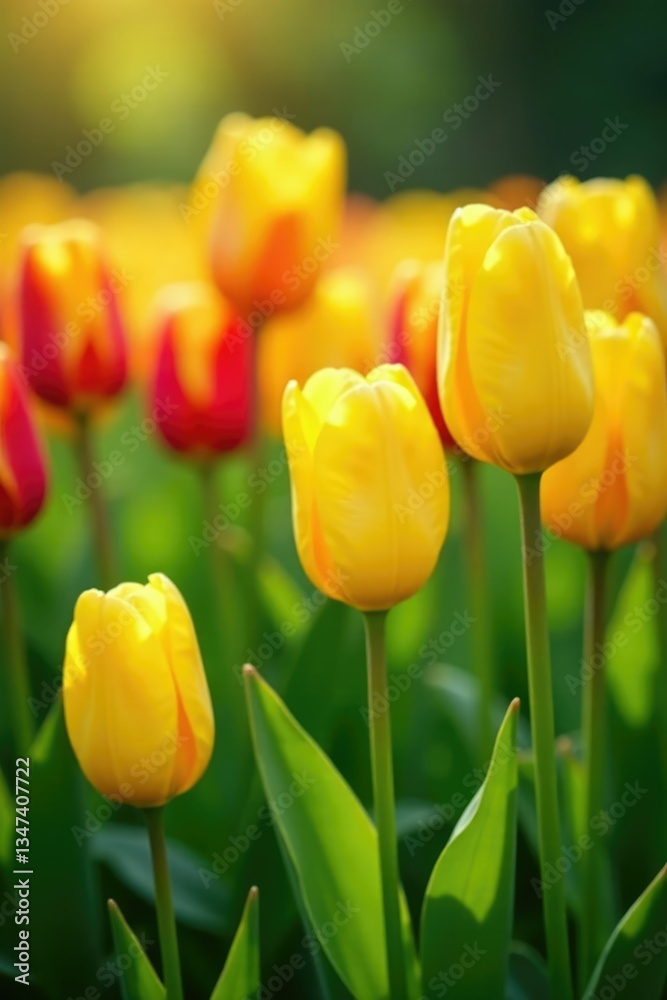 Obraz premium Colorful tulips sway gently in the breeze amidst lush green grass, yellow, tulips